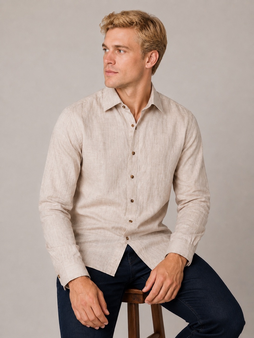 Lorenzo Uomo Light Beige Linen Button-Down Shirt 16.5